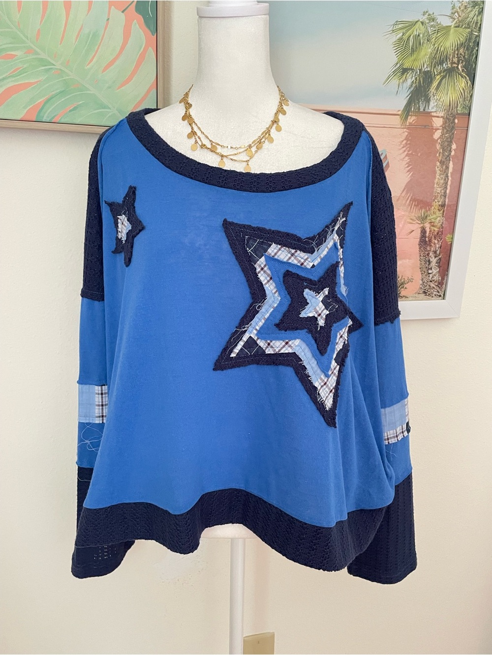 POL Blue Star Patchwork Long Sleeve Top in Small